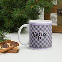 Coffee mug in purple plaid design with the word Coffee printed on both sides