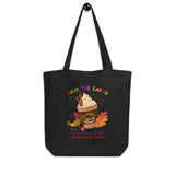 Black color Eco-friendly organic cotton tote bag with pumpkin spice coffee cup and printed with funny earth saving message "Save the Earth, it's the only planet with pumpkin spice coffee"