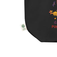 Certified organic label for the black color Eco-friendly organic cotton tote bag with pumpkin spice coffee cup and printed with funny earth saving message "Save the Earth, it's the only planet with pumpkin spice coffee"