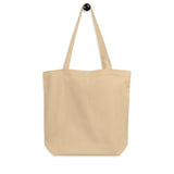 Back view of Eco-friendly organic cotton tote bag with pumpkin spice coffee cup and printed with funny earth saving message "Save the Earth, it's the only planet with pumpkin spice coffee"