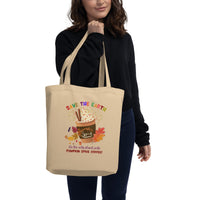 Eco-friendly organic cotton tote bag with pumpkin spice coffee cup and printed with funny earth saving message "Save the Earth, it's the only planet with pumpkin spice coffee"