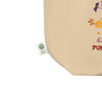 Certified organic label for the Eco-friendly organic cotton tote bag with pumpkin spice coffee cup and printed with funny earth saving message "Save the Earth, it's the only planet with pumpkin spice coffee"
