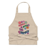100% Organic cotton apron with retro flowers design with the phrase "Small Acts Big Impact"
