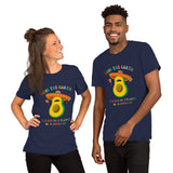 A couple modeling funny T-shirt with the humorous phrase “Save the Eart, It’s the only planet with avocados” featuring an avocado in a Mexican outfit with sombrero.