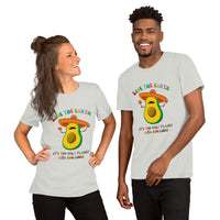A couple modeling funny T-shirt with the humorous phrase “Save the Eart, It’s the only planet with avocados” featuring an avocado in a Mexican outfit with sombrero.