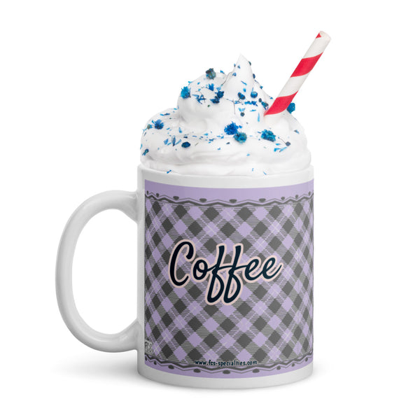 Coffee mug in purple plaid design with the word Coffee printed on both sides